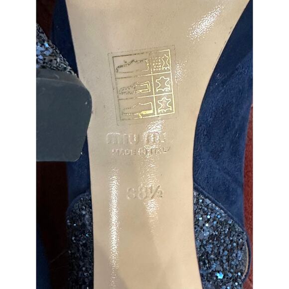 Miu Miu Blue Suede Glitter Accent Peep toe platform heels Size: 38.5 NWOT/box - Picture 12 of 13